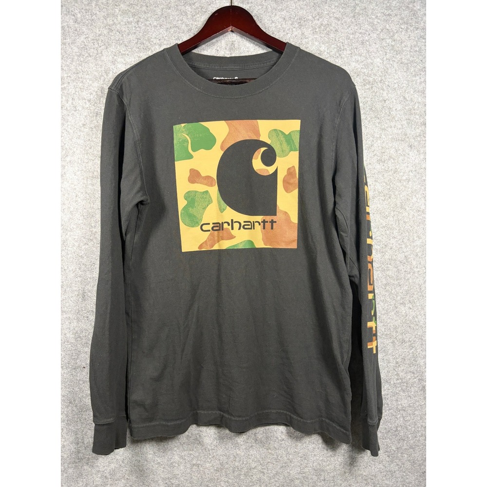 Carhartt Mens Long Sleeve Camo Graphic Logo Relaxed Fit T-Shirt Gray Small